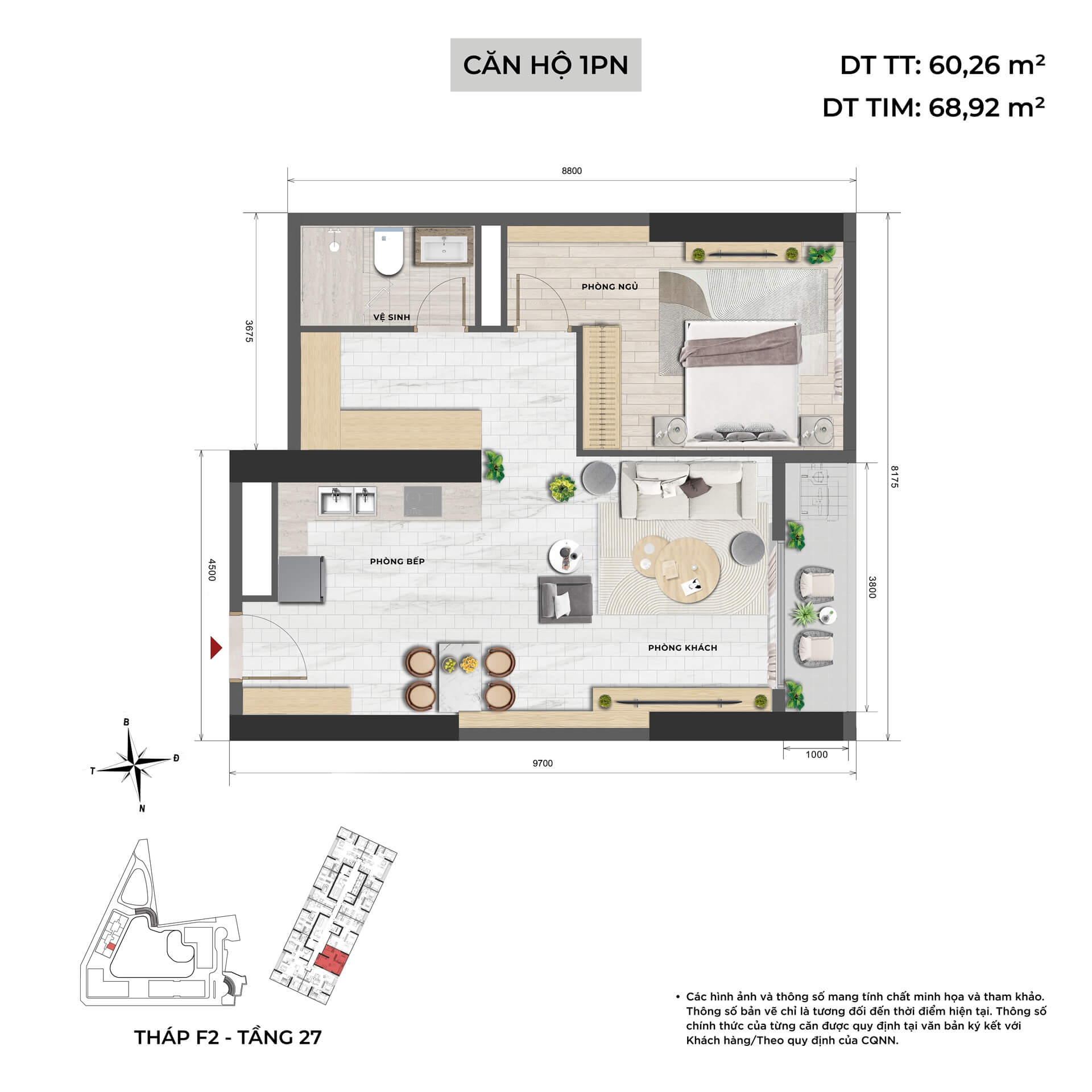 thiết kế căn hộ 1 phòng ngủ dự án Taseco Mê Linh