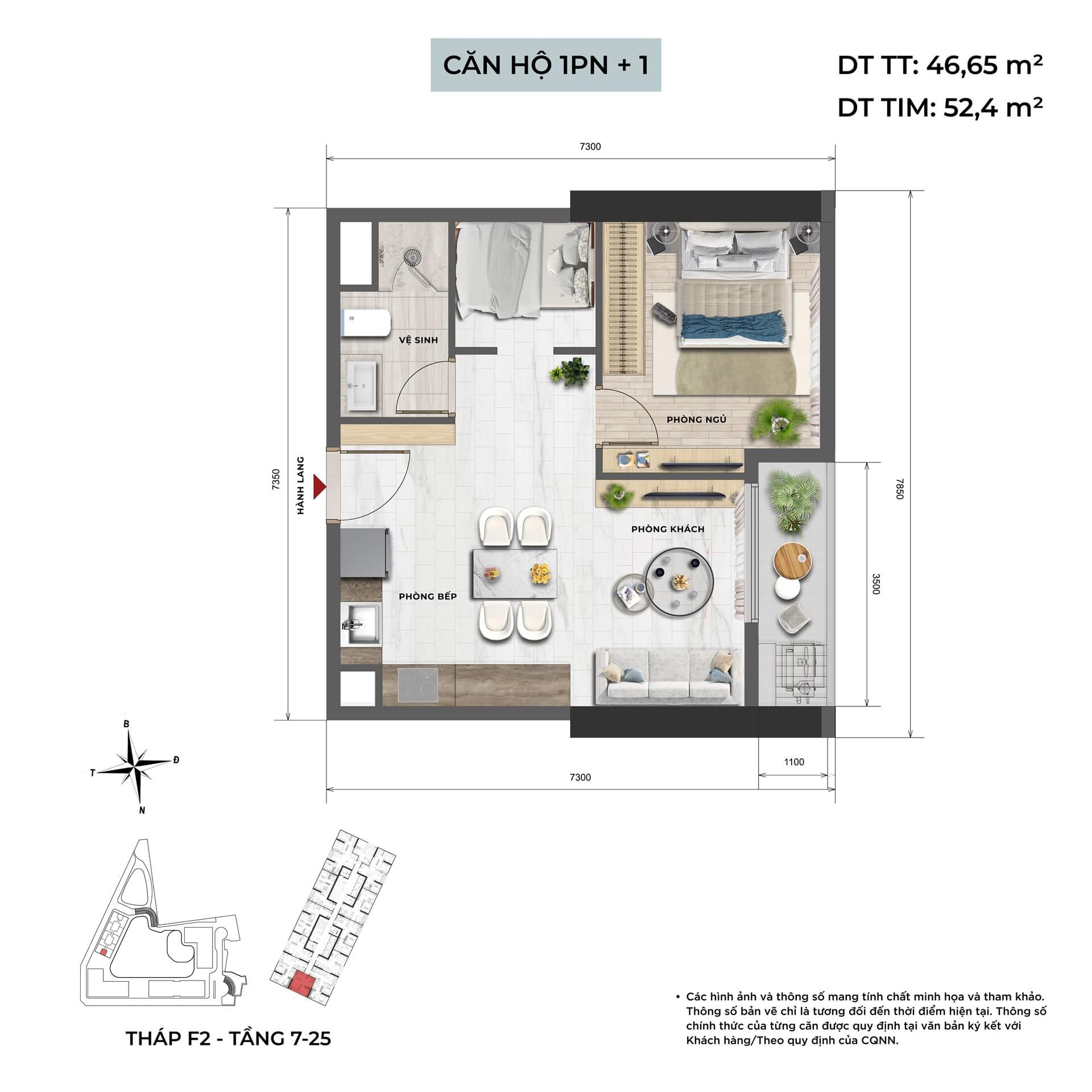 thiết kế căn hộ 1 phòng ngủ+1 dự án Taseco Mê Linh