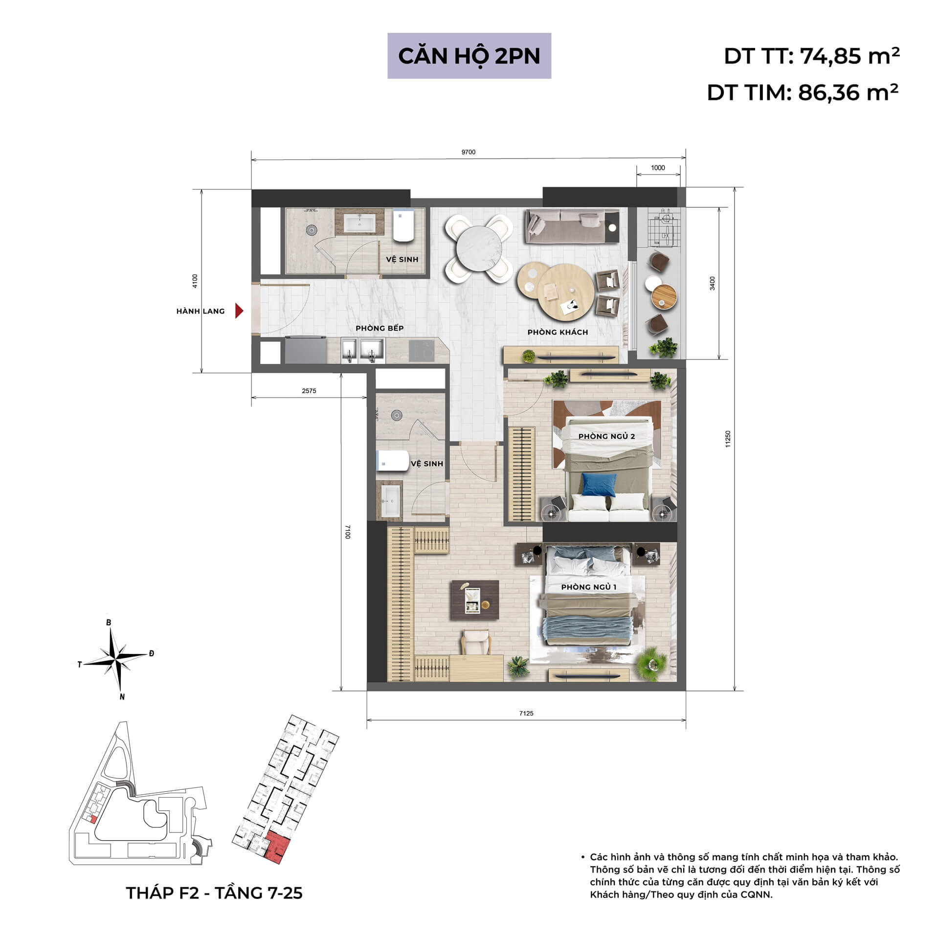 thiết kế căn hộ 2 phòng ngủ dự án Taseco Mê Linh