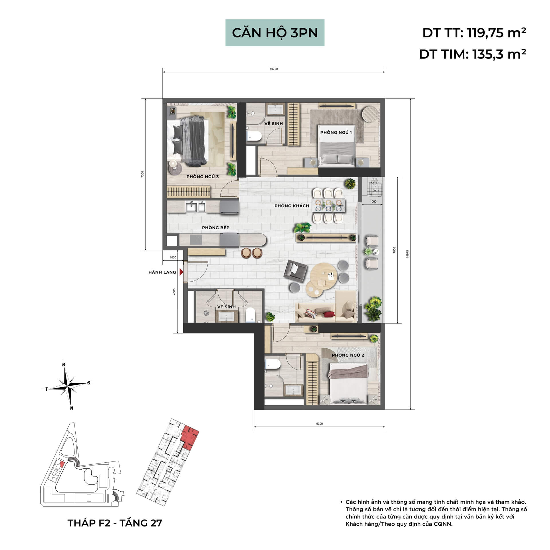 thiết kế căn hộ 3 phòng ngủ dự án Taseco Mê Linh
